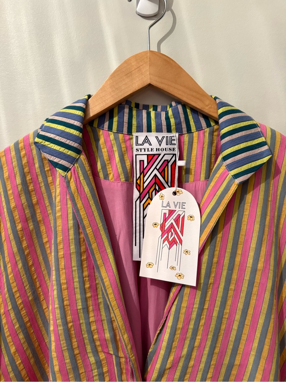 La Vie Style House Stripe Boyfriend Shirt - Pink, Green & Yellow - Picture 2 of 4